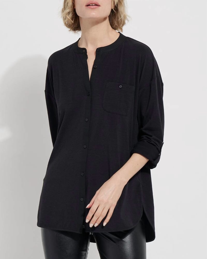 Front of a model wearing a size L Zola Jersey Shirt in Black in Black by Lysse. | dia_product_style_image_id:326940